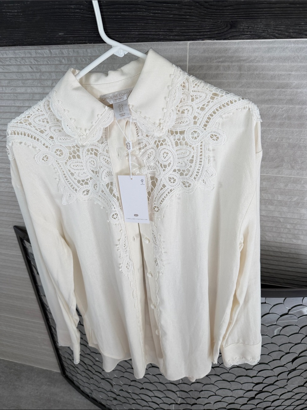 Caroline Constas Ivory Lace-Yoke Button-Down Shirt